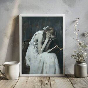 Original Dark Literary Art Print + Digital Copy, Woman Reading